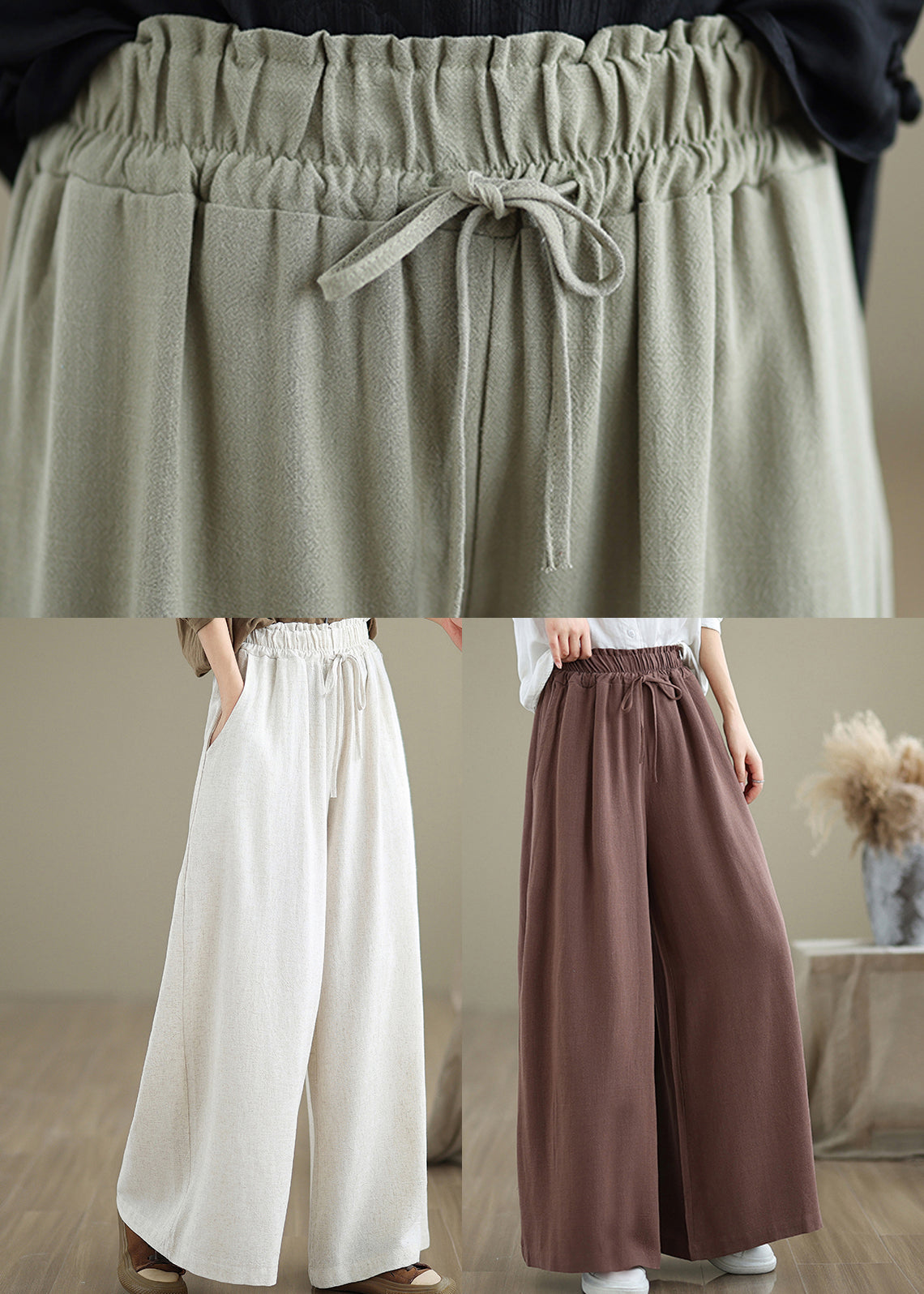 Beige Pockets Simple Cotton Wide Leg Pants Drawstring Fall QO045 OM-ZS241008