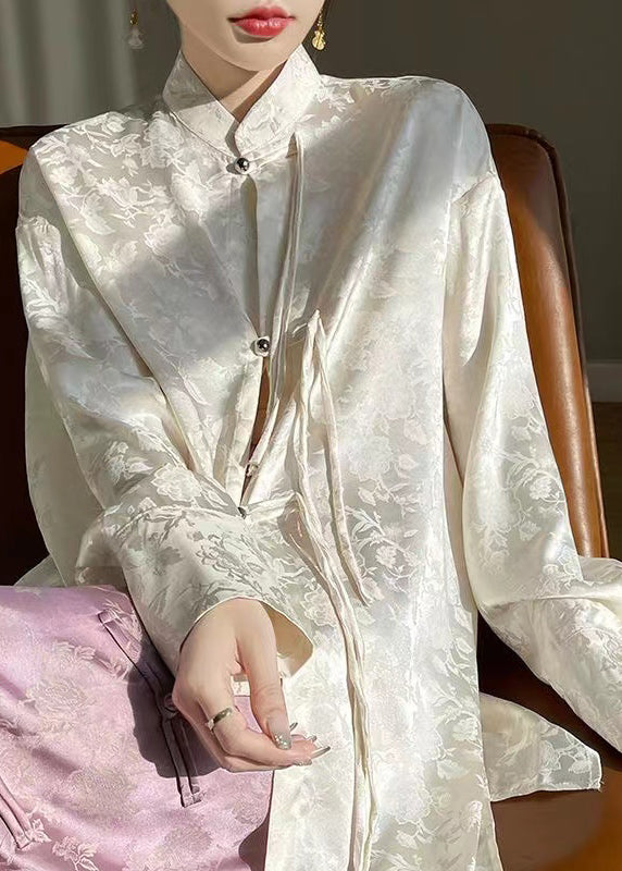 Beige Print Silk Shirt Stand Collar Long Sleeve AB1001 Genistyle Shop