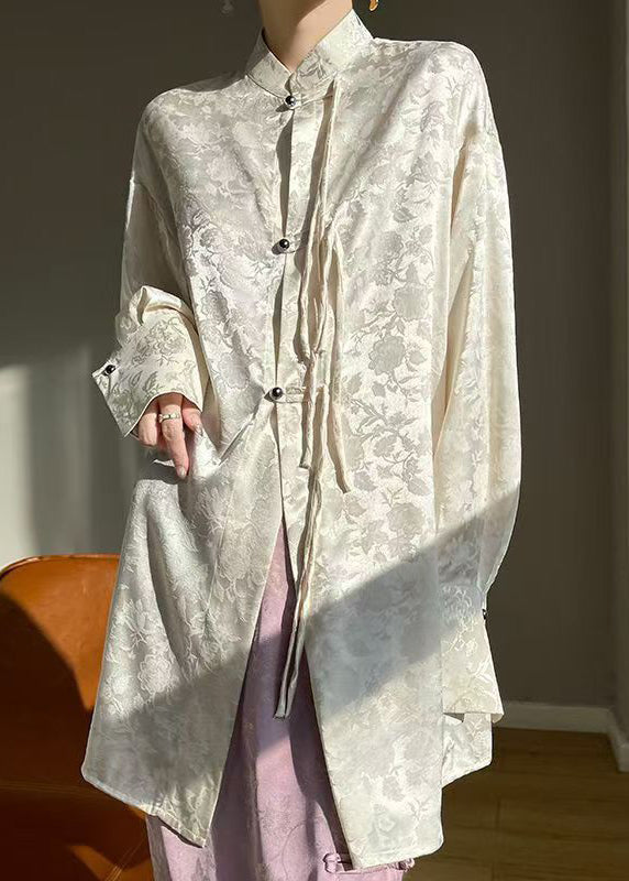 Beige Print Silk Shirt Stand Collar Long Sleeve AB1001 Genistyle Shop