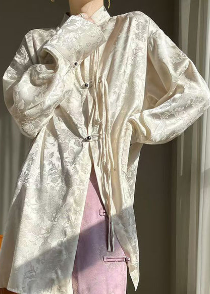 Beige Print Silk Shirt Stand Collar Long Sleeve AB1001 Genistyle Shop