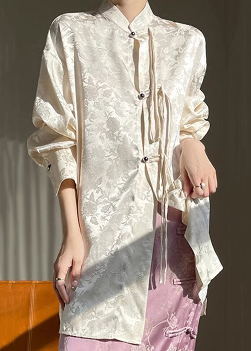 Beige Print Silk Shirt Stand Collar Long Sleeve AB1001 Genistyle Shop