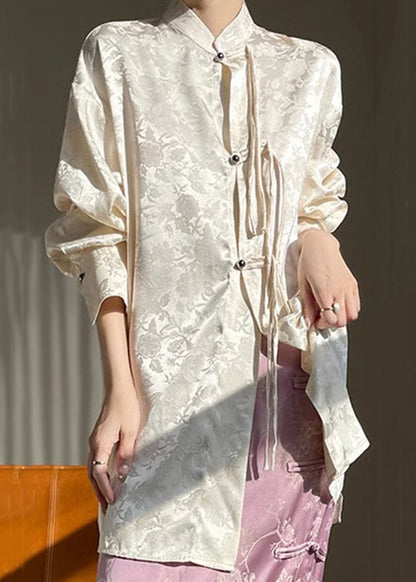 Beige Print Silk Shirt Stand Collar Long Sleeve AB1001 Genistyle Shop