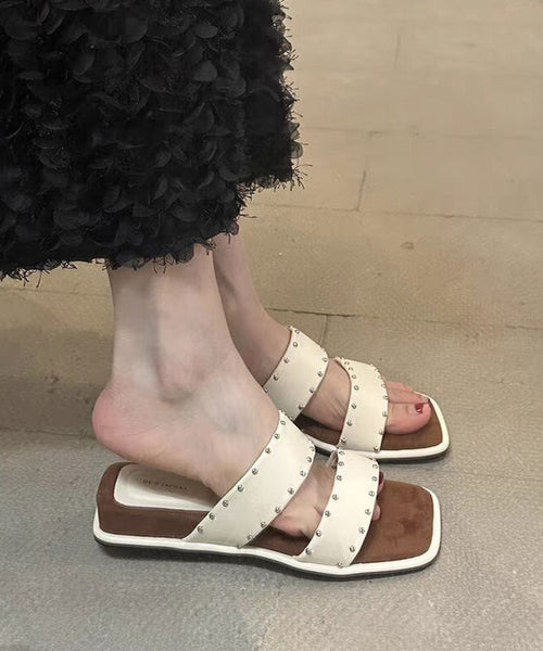 Wedge Sandals Peep Rivet Splicing Slide Beige Toe FashionChic