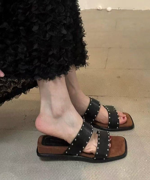 Wedge Sandals Peep Rivet Splicing Slide Beige Toe FashionChic