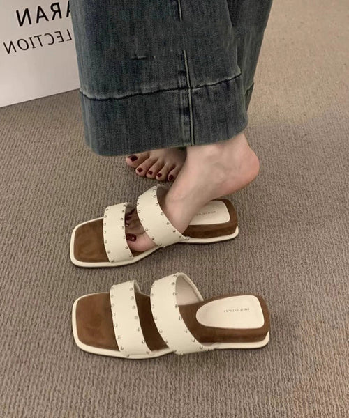Wedge Sandals Peep Rivet Splicing Slide Beige Toe FashionChic