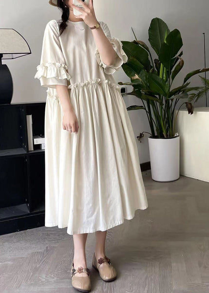 Beige Ruffled Patchwork Maxi Dress Short Sleeve BV032 MZF-SDL240702