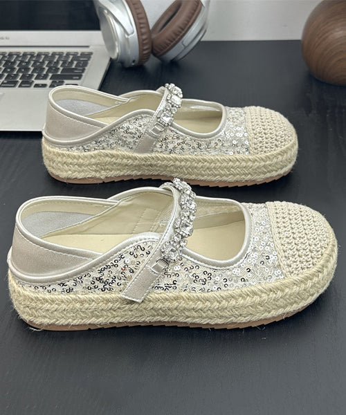 Flat Sequins Platform Beige Shoes Buckle Zircon Splicing Strap FashionChic