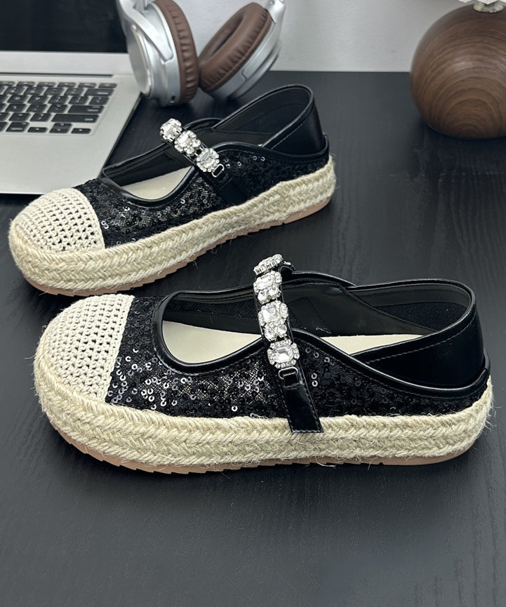 Flat Sequins Platform Beige Shoes Buckle Zircon Splicing Strap FashionChic