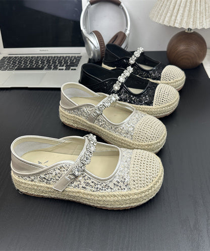 Flat Sequins Platform Beige Shoes Buckle Zircon Splicing Strap FashionChic