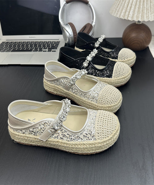 Flat Sequins Platform Beige Shoes Buckle Zircon Splicing Strap FashionChic