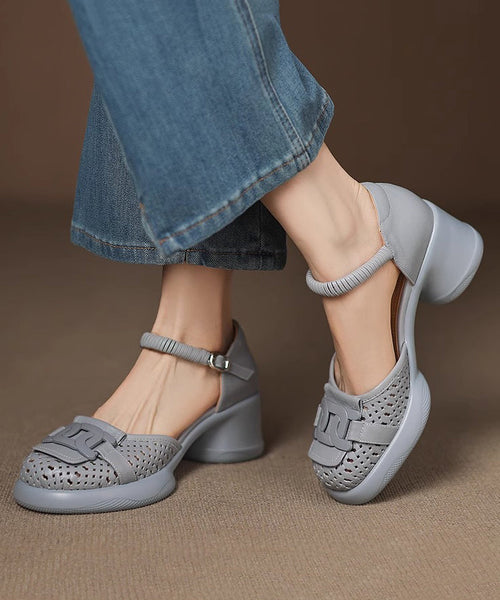 Sheepskin Splicing Strap Chunky Heel Buckle Sandals Beige FashionChic