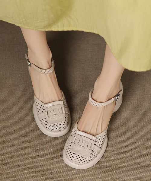 Sheepskin Splicing Strap Chunky Heel Buckle Sandals Beige FashionChic