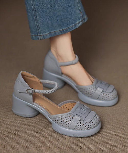 Sheepskin Splicing Strap Chunky Heel Buckle Sandals Beige FashionChic