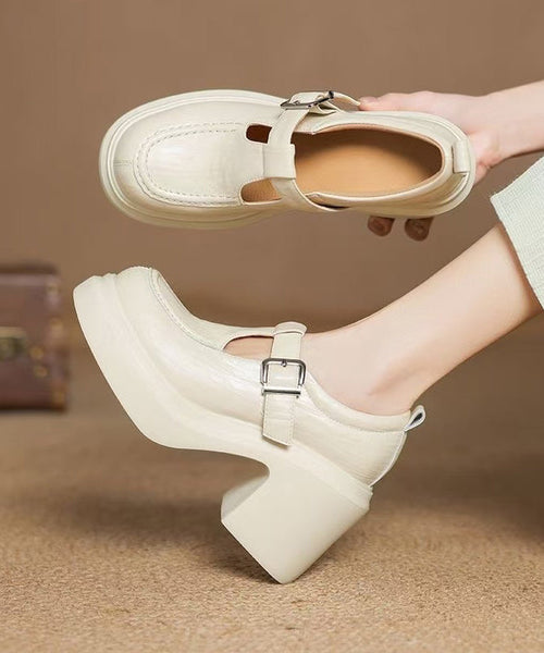 Beige Sheepskin Chunky Heel Loafers Women Splicing Buckle Strap YC008 ABC