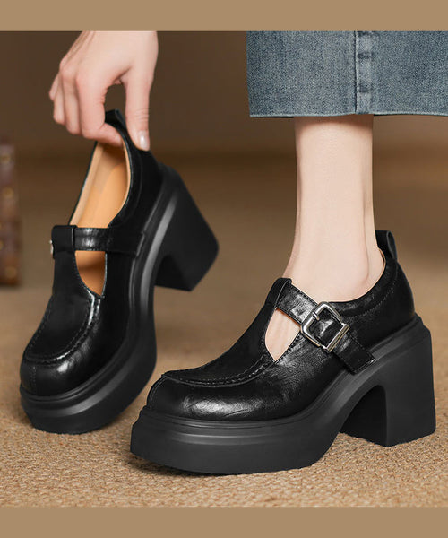 Beige Sheepskin Chunky Heel Loafers Women Splicing Buckle Strap YC008 ABC