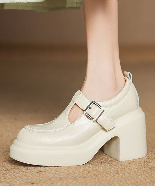 Beige Sheepskin Chunky Heel Loafers Women Splicing Buckle Strap YC008 ABC
