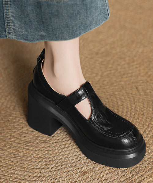 Beige Sheepskin Chunky Heel Loafers Women Splicing Buckle Strap YC008 ABC