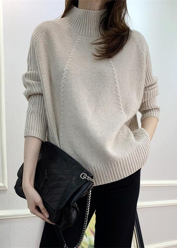 Beige Solid Cozy Knit Fall Sweaters Turtleneck QI024 OM-BB241005