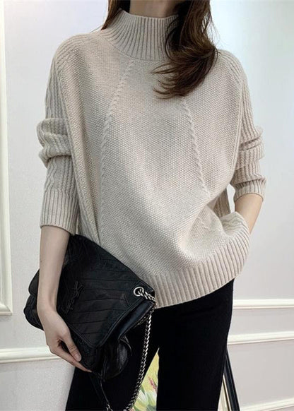 Beige Solid Cozy Knit Fall Sweaters Turtleneck QI024 OM-BB241005