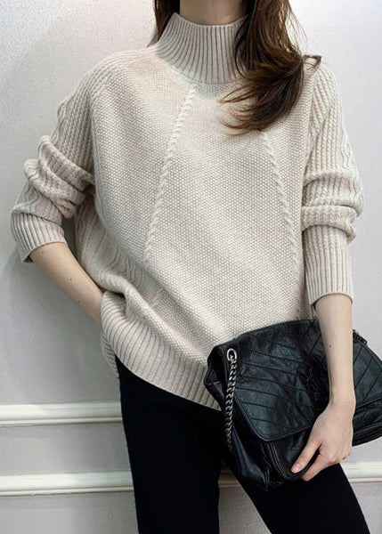 Beige Solid Cozy Knit Fall Sweaters Turtleneck QI024 OM-BB241005