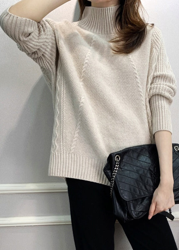 Beige Solid Cozy Knit Fall Sweaters Turtleneck QI024 OM-BB241005