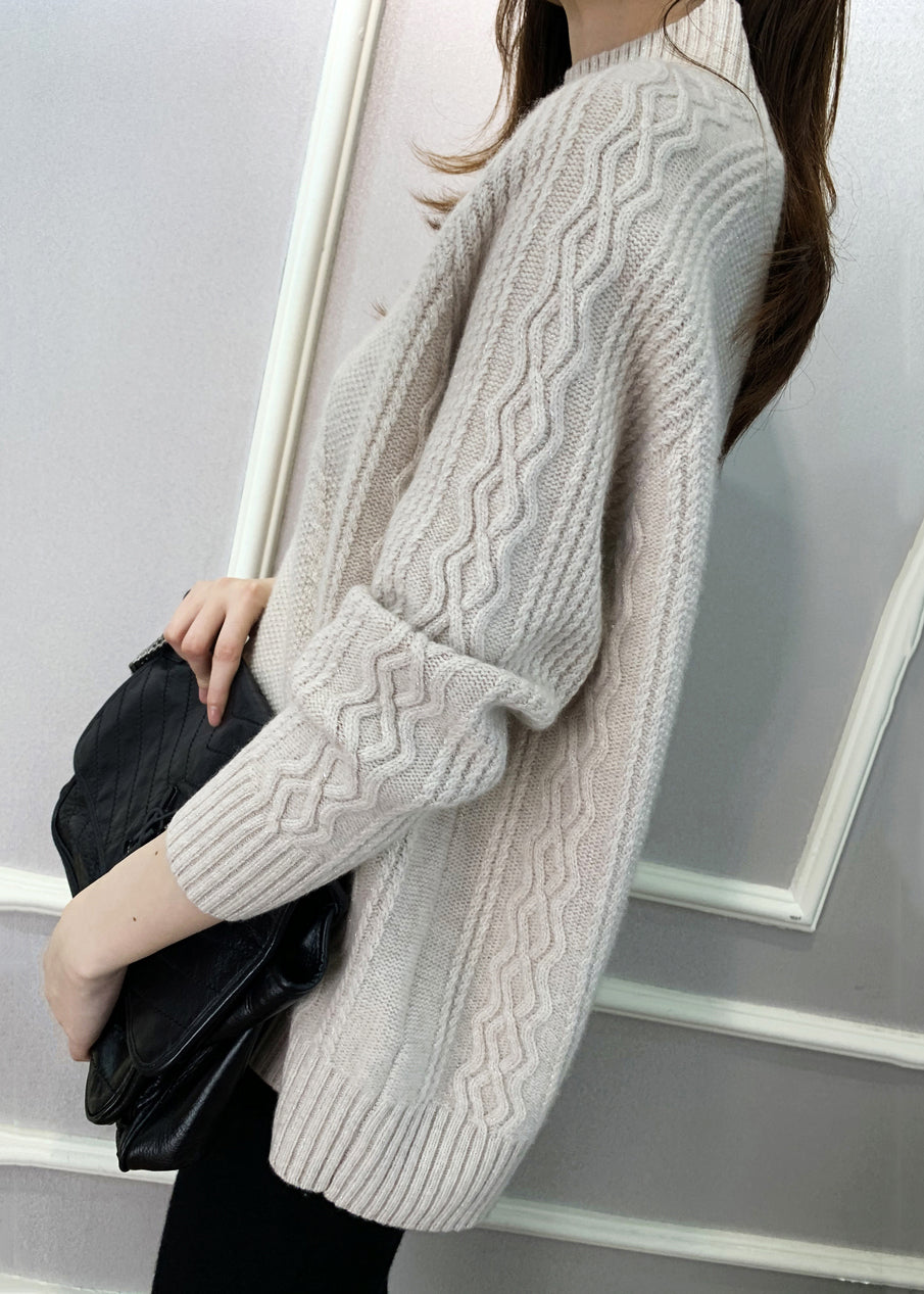 Beige Solid Cozy Knit Fall Sweaters Turtleneck QI024 OM-BB241005