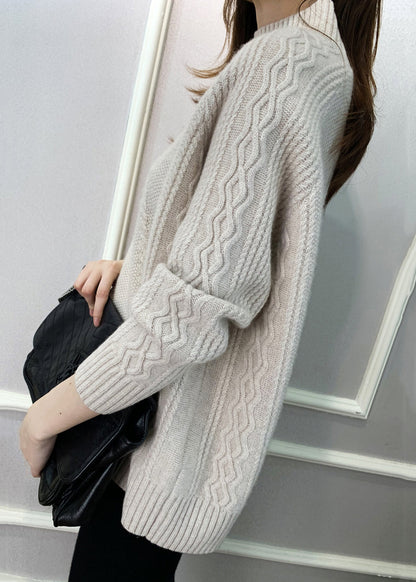 Beige Solid Cozy Knit Fall Sweaters Turtleneck QI024 OM-BB241005