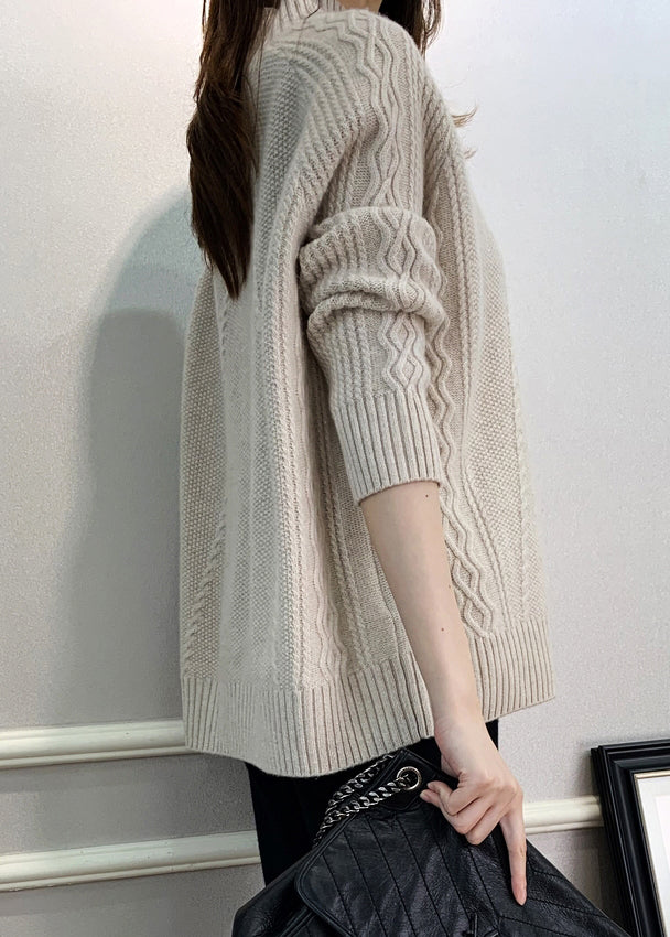 Beige Solid Cozy Knit Fall Sweaters Turtleneck QI024 OM-BB241005