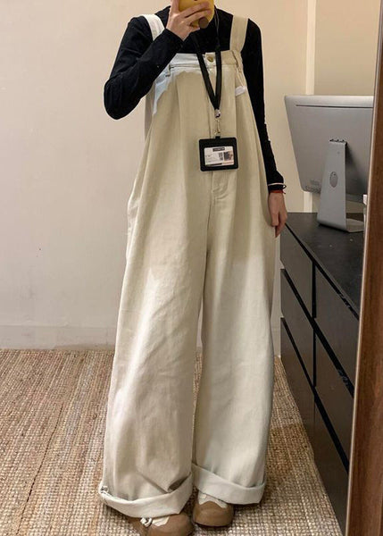 Waist Jumpsuit Solid Wide Denim Summer High Beige Leg FashionChic