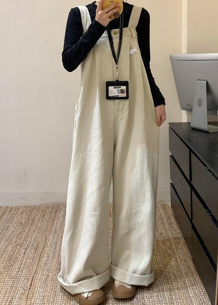 Waist Jumpsuit Solid Wide Denim Summer High Beige Leg FashionChic