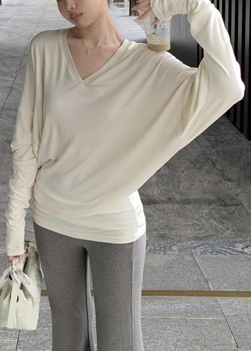 Beige Solid Loose Cotton Spring Top V Neck TD026