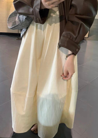 Solid Cotton Patchwork Waist Skirts Elastic Beige FashionChic