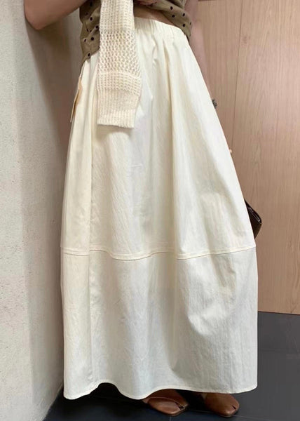 Solid Cotton Patchwork Waist Skirts Elastic Beige FashionChic
