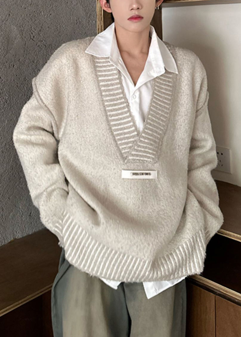 Beige Solid Patchwork Knit Fall Mens Sweaters V Neck QH023 MENSW241019