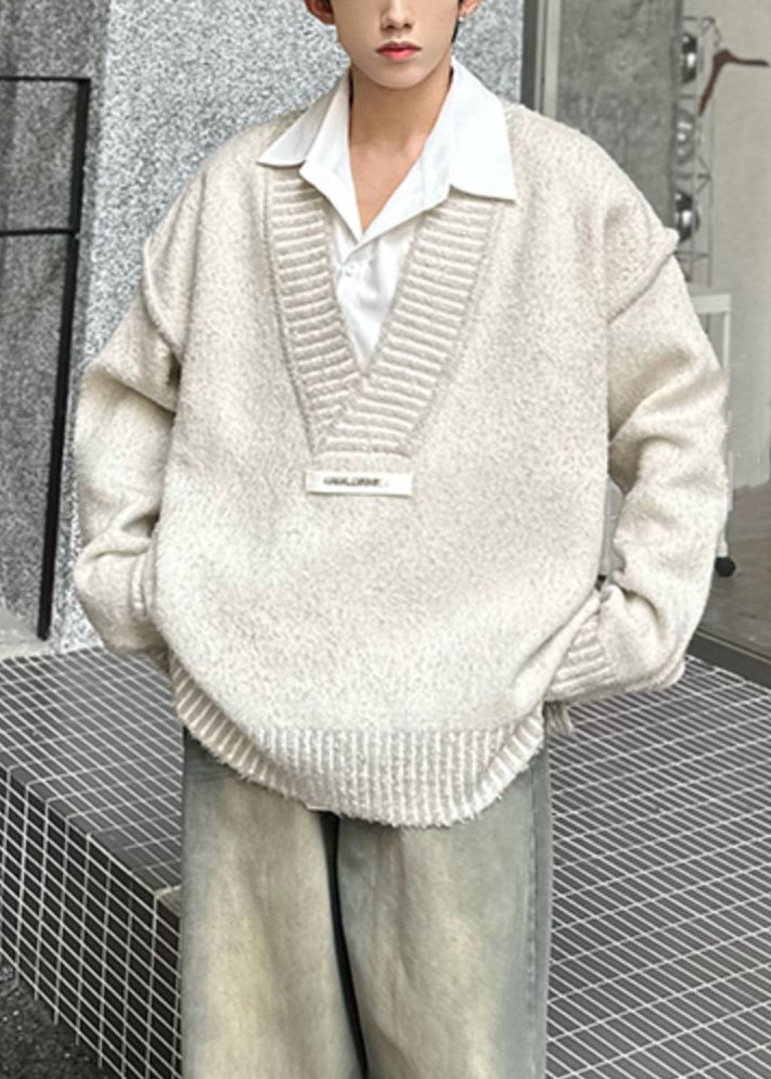 Beige Solid Patchwork Knit Fall Mens Sweaters V Neck QH023 MENSW241019