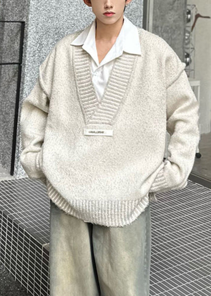 Beige Solid Patchwork Knit Fall Mens Sweaters V Neck QH023 MENSW241019