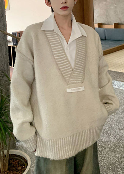 Beige Solid Patchwork Knit Fall Mens Sweaters V Neck QH023 MENSW241019