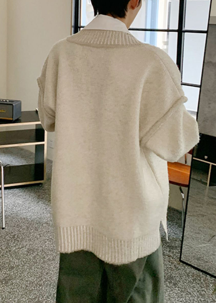 Beige Solid Patchwork Knit Fall Mens Sweaters V Neck QH023 MENSW241019