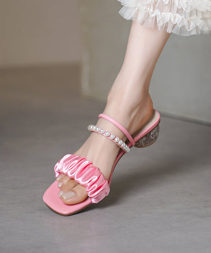 Bead Sandals Splicing Satin Chunky Slide Toe Peep Nail Beige FashionChic