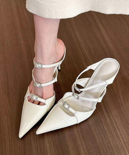 Beige Stiletto Heels Splicing Slide Sandals Hollow Out Pointed Toe JJ040 Shoe-LT240609