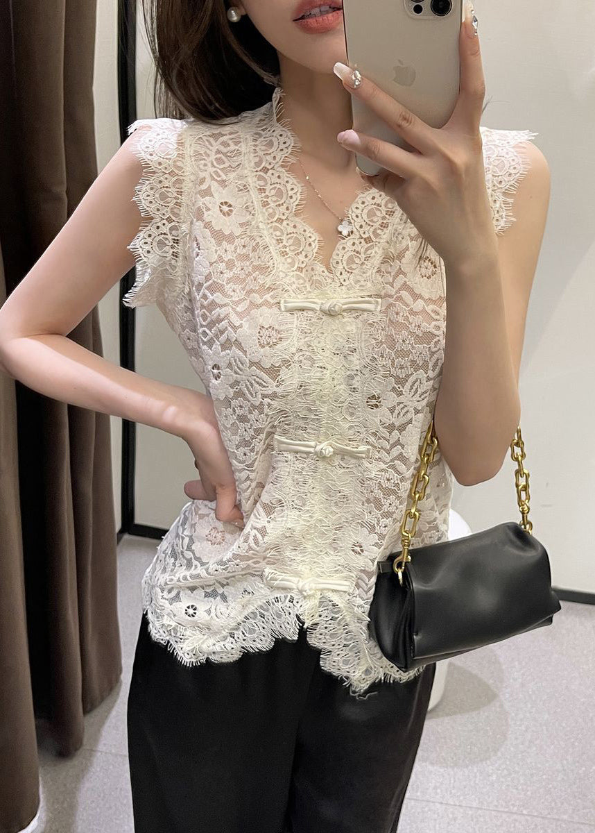 Beige V Neck Button Lace Vest Summer VB1069 Ada Fashion