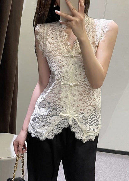 Beige V Neck Button Lace Vest Summer VB1069 Ada Fashion