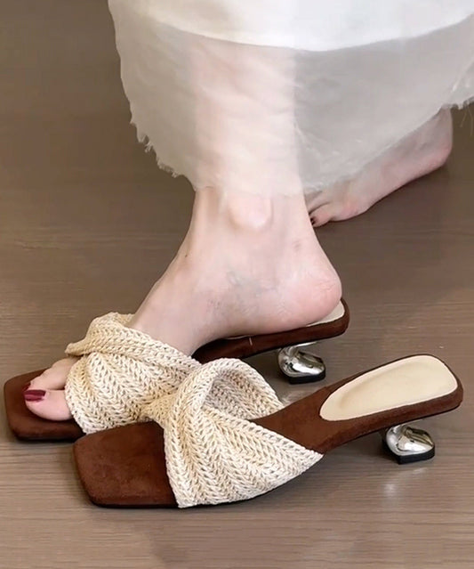Sandals Faux Slide Leather Fitted Beige Wedge Splicing FashionChic