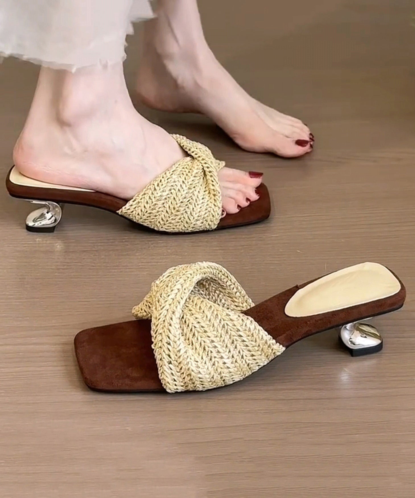Sandals Faux Slide Leather Fitted Beige Wedge Splicing FashionChic