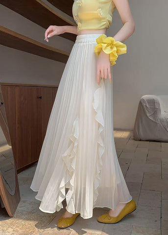 Solid Skirts Summer Elastic Waist Wrinkled Beige FashionChic