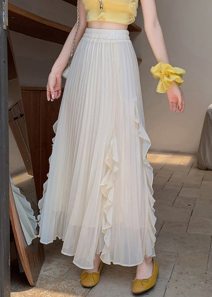 Solid Skirts Summer Elastic Waist Wrinkled Beige FashionChic