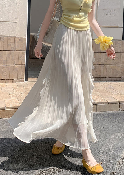 Solid Skirts Summer Elastic Waist Wrinkled Beige FashionChic