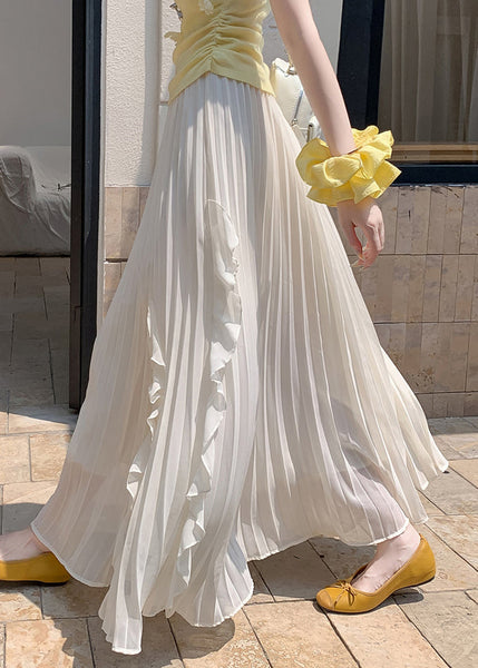 Solid Skirts Summer Elastic Waist Wrinkled Beige FashionChic