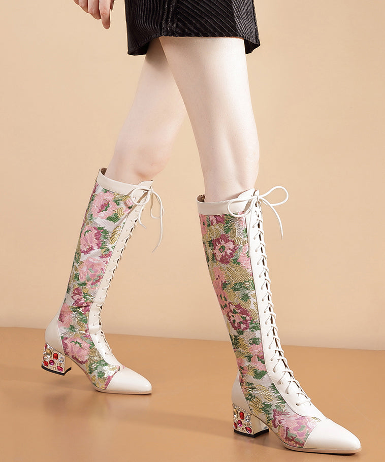 Beige Zircon Splicing Lace Up Genuine Leather Chunky Knee Boots RT1069 Ada Fashion