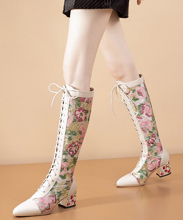 Beige Zircon Splicing Lace Up Genuine Leather Chunky Knee Boots RT1069 Ada Fashion